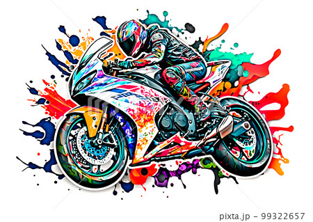 Sticker of Biker on sport motorcycle in watercolor style on white background. Neural network AI generated art 99322657