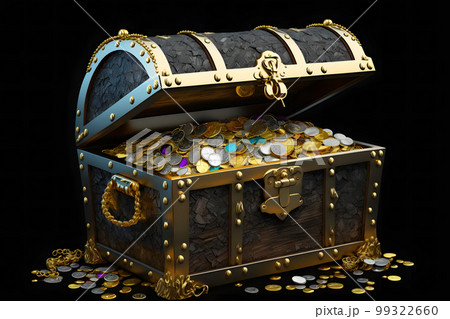 Open treasure chest filled with golden coins, gold - Stock Illustration  [61303996] - PIXTA