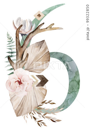 Watercolor green number 6 with antlers, dried leaves and tropical flowers bouquet, Boho illustration 99322850