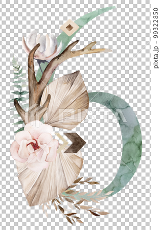 Watercolor green number 6 with antlers, dried leaves and tropical flowers bouquet, Boho illustration 99322850