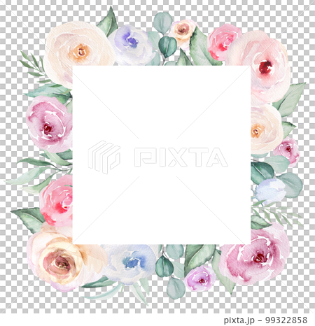 Square frame made of romantic pink watercolor flowers and light green leaves, pastel wedding element 99322858