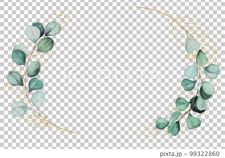 Oval golden frame with green watercolor eucalyptus leaves, isolated wedding illustration 99322860