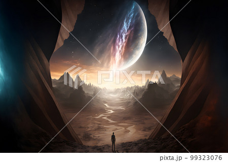 Abstract mystical small silhouette against fairytale night epic sky in blue and orange tones. Neural network AI generated art 99323076