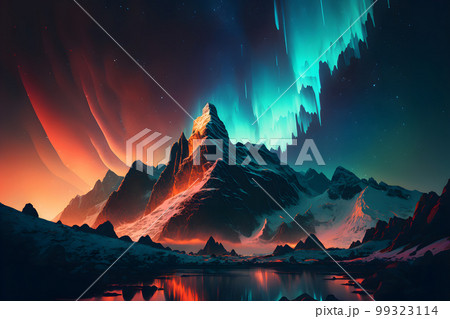 Polar lights also called northern lights or aurora borealis in northern norway mountains. Neural network AI generated art 99323114