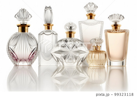 Different luxury perfume bottles on white background. Neural network AI generated art 99323118