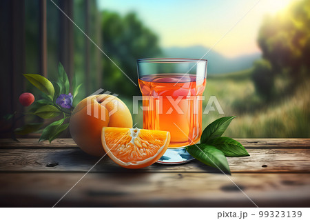 Glass of abstract fruit juice with fresh fruits on wooden table with summer field background. Neural network AI generated art 99323139