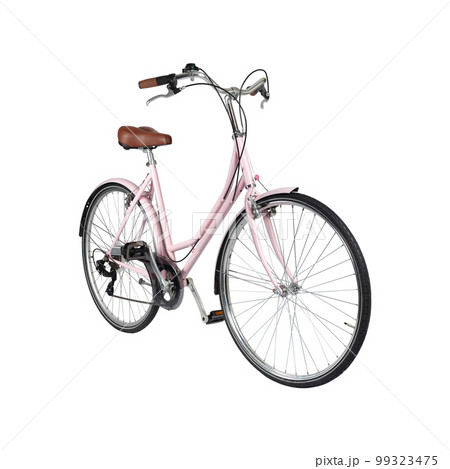 Pink retro bicycle with brown saddle and handles, generic bike side view Pink retro bicycle with brown saddle and handles, generic bike side view 99323475