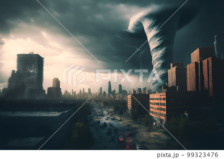 Tornado storm in city center with dark sky and bad weather. Neural network AI generated art 99323476