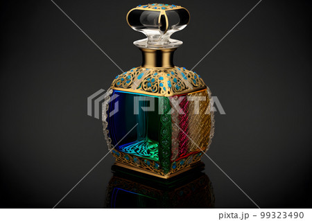 A Bottle of Perfume Women Eau De Parfum in Bottle Isolated on Black. Fragrance for Women Perfume Spray. Neural network AI generated art 99323490
