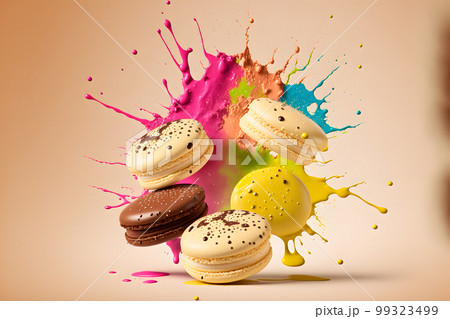 Colorful macarons with bright sugar powder explosion moment on orange background. Neural network AI generated art Colorful macarons with bright sugar powder explosion moment on orange background. Neural network AI generated art 99323499
