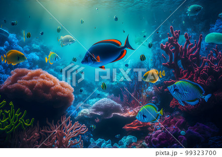 Aqua scene with corals and many fish on blue underwater background. Neural network AI generated art Aqua scene with corals and many fish on blue underwater background. Neural network AI generated art 99323700