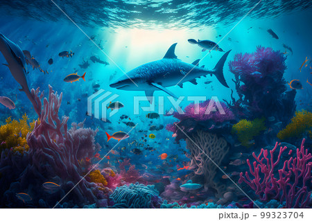 Aqua scene with corals and many fish on blue underwater background. Neural network AI generated art Aqua scene with corals and many fish on blue underwater background. Neural network AI generated art 99323704