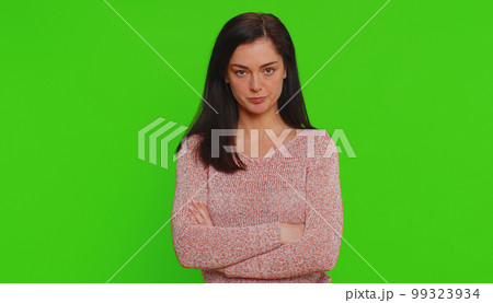 Lovely woman asking reason of failure, disbelief irritation, feeling bored, disappointed, bad news 99323934