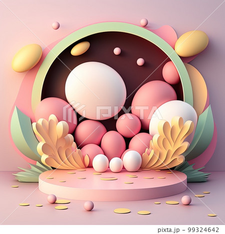Easter Podium Stand with Pink 3D Render Eggs Decoration for Product Promotion 99324642
