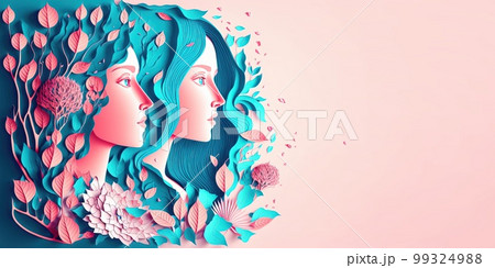 Illustration of face and flowers style paper cut with copy space for international women's day Illustration of face and flowers style paper cut with copy space for international women's day 99324988
