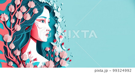 Illustration of face and flowers style paper cut with copy space for international women's day Illustration of face and flowers style paper cut with copy space for international women's day 99324992