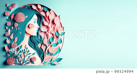Illustration of face and flowers style paper cut with copy space for international women's day Illustration of face and flowers style paper cut with copy space for international women's day 99324994