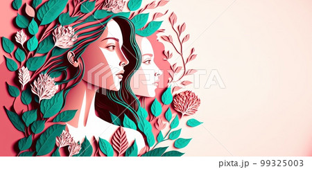 Illustration of face and flowers style paper cut with copy space for international women's day 99325003