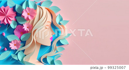 Illustration of face and flowers style paper cut with copy space for international women's day Illustration of face and flowers style paper cut with copy space for international women's day 99325007