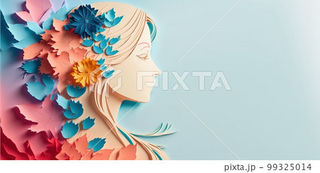 Illustration of face and flowers style paper cut with copy space for international women's day Illustration of face and flowers style paper cut with copy space for international women's day 99325014