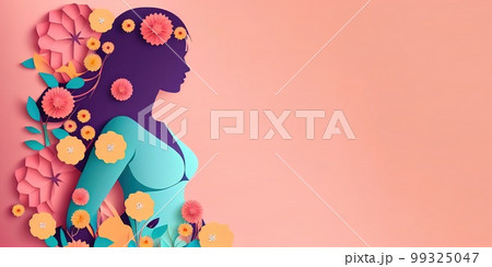 Illustration of face and flowers style paper cut with copy space for international women's day Illustration of face and flowers style paper cut with copy space for international women's day 99325047