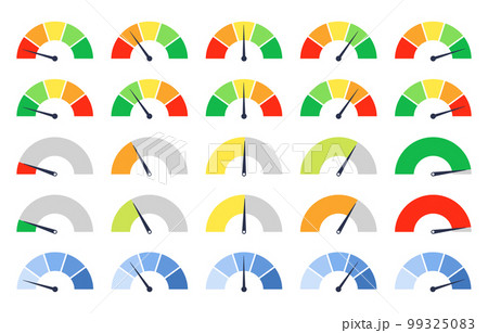 Set of different colorful speedometers, meter gauge element, ratings of varying degrees of satisfaction. Level indicator collection. Vector isolated illustration 99325083