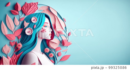 Illustration of face and flowers style paper cut with copy space for international women's day Illustration of face and flowers style paper cut with copy space for international women's day 99325086