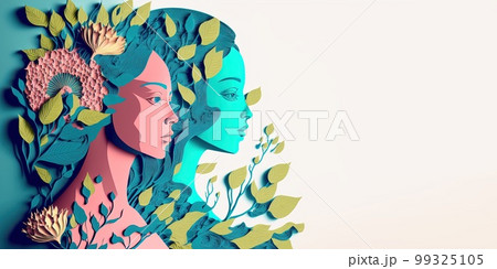 Illustration of face and flowers style paper cut with copy space for international women's day Illustration of face and flowers style paper cut with copy space for international women's day 99325105