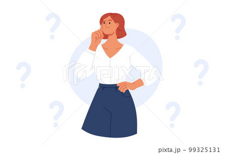 Woman thinking over question. Girl problems, person doubt, asking. Flat vector illustration Woman thinking over question. Girl problems, person doubt, asking. Flat vector illustration 99325131