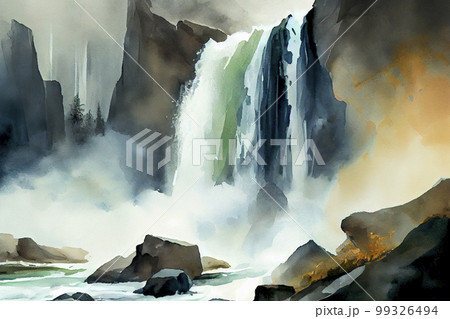 A majestic waterfall, with water cascading down rocks and mist rising into the air, ai illustration A majestic waterfall, with water cascading down rocks and mist rising into the air, ai illustration 99326494