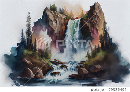 A majestic waterfall, with water cascading down rocks and mist rising into the air, ai illustration A majestic waterfall, with water cascading down rocks and mist rising into the air, ai illustration 99326495