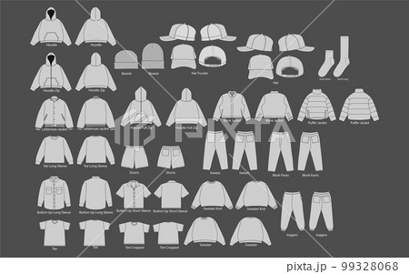 Vector apparel Mockup set collection. Men's t-shirt trucker hoodie joggers jacket short sweater pant design template. Sock shorts hat tee work jacket pant vector illustration set. CAD mockup Set. Vector apparel Mockup set collection. Men's t-shirt trucker hoodie joggers jacket short sweater pant design template. Sock shorts hat tee work jacket pant vector illustration set. CAD mockup Set. 99328068