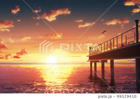 夕日と海と桟橋 99329410