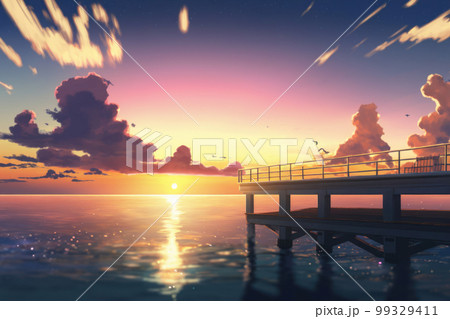 夕日と海と桟橋 99329411