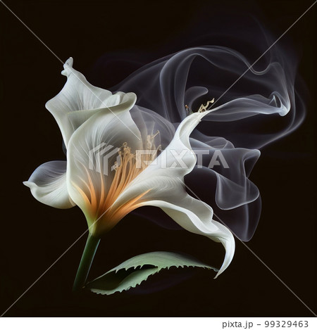 Contours of beautiful white lily flower in smoke on black background, fantastic magic background, unusual beautiful wallpaper 99329463