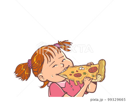 Girl with red hair eats delicious pizza. Fast food delivery service. Bad habits, health problems and upbringing. Girl with red hair eats delicious pizza. Fast food delivery service. Bad habits, health problems and upbringing. 99329665