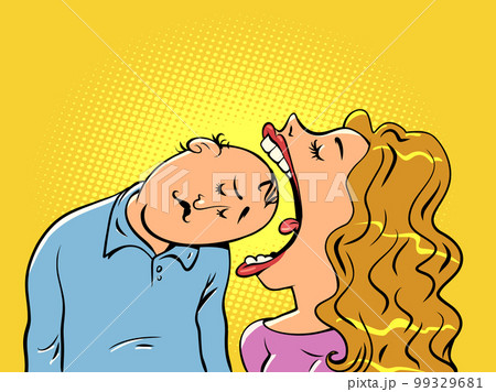 The woman opens her mouth violently and tries to eat the man's head. The husband provides for all the needs of his wife. Family life. 99329681