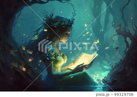 Beautiful young fairytale nymph girl in natural dress in sacred river with water lilies and trees. Fairytale story about ophelia. Neural network AI generated art Beautiful young fairytale nymph girl in natural dress in sacred river with water lilies and trees. Fairytale story about ophelia. Neural network AI generated art 99329706