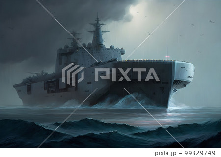 Navy aircraft carrier in wavy sea water. Neural network AI generated art Navy aircraft carrier in wavy sea water. Neural network AI generated art 99329749