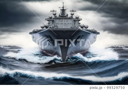 Navy aircraft carrier in wavy sea water. Neural network AI generated art 99329750