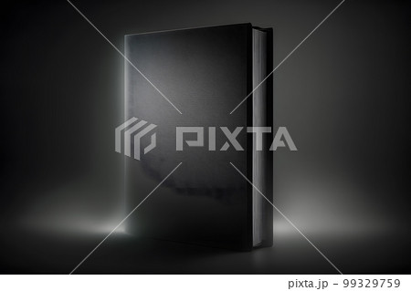 Hardcover vertical black mockup book standing on the black background with smoke. Neural network AI generated art 99329759