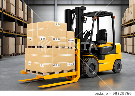 Warehouse with fully loaded forklift between rows in the big interior space. Neural network AI generated art 99329760