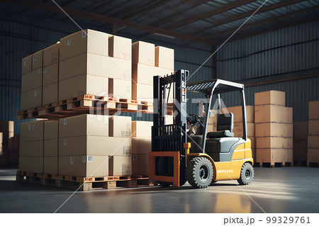 Warehouse with fully loaded forklift between rows in the big interior space. Neural network AI generated art 99329761
