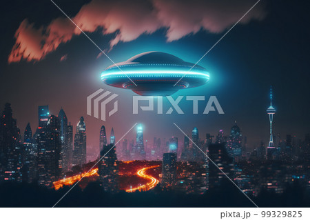 UFO object with glowing lights flying to city center on a rainy day. Neural network AI generated art 99329825