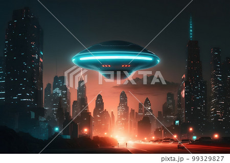 UFO object with glowing lights flying to city center on a rainy day. Neural network AI generated art 99329827