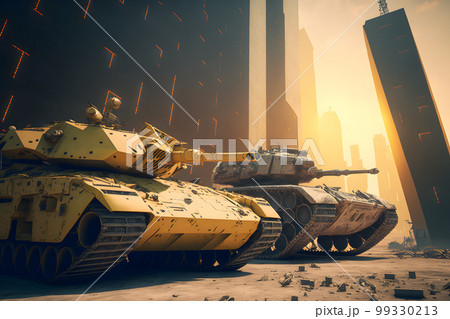 Modern futuristic battle tank with turret and cannon in city center. Neural network AI generated art 99330213