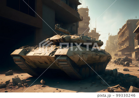 Modern futuristic battle tank with turret and cannon in city center. Neural network AI generated art 99330246