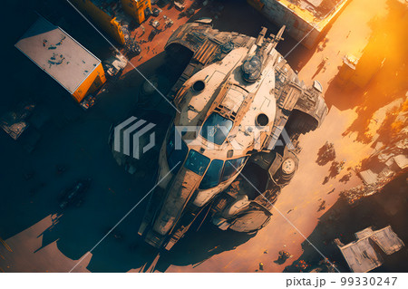 Modern futuristic battle tank with turret and cannon in city center. Neural network AI generated art 99330247