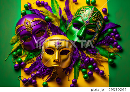 Group of venetian mardi gras mask or disguise on a colorful bright background. Neural network AI generated art 99330265