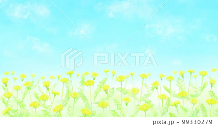 青空の下に広がるタンポポ畑の水彩イラスト。 99330279